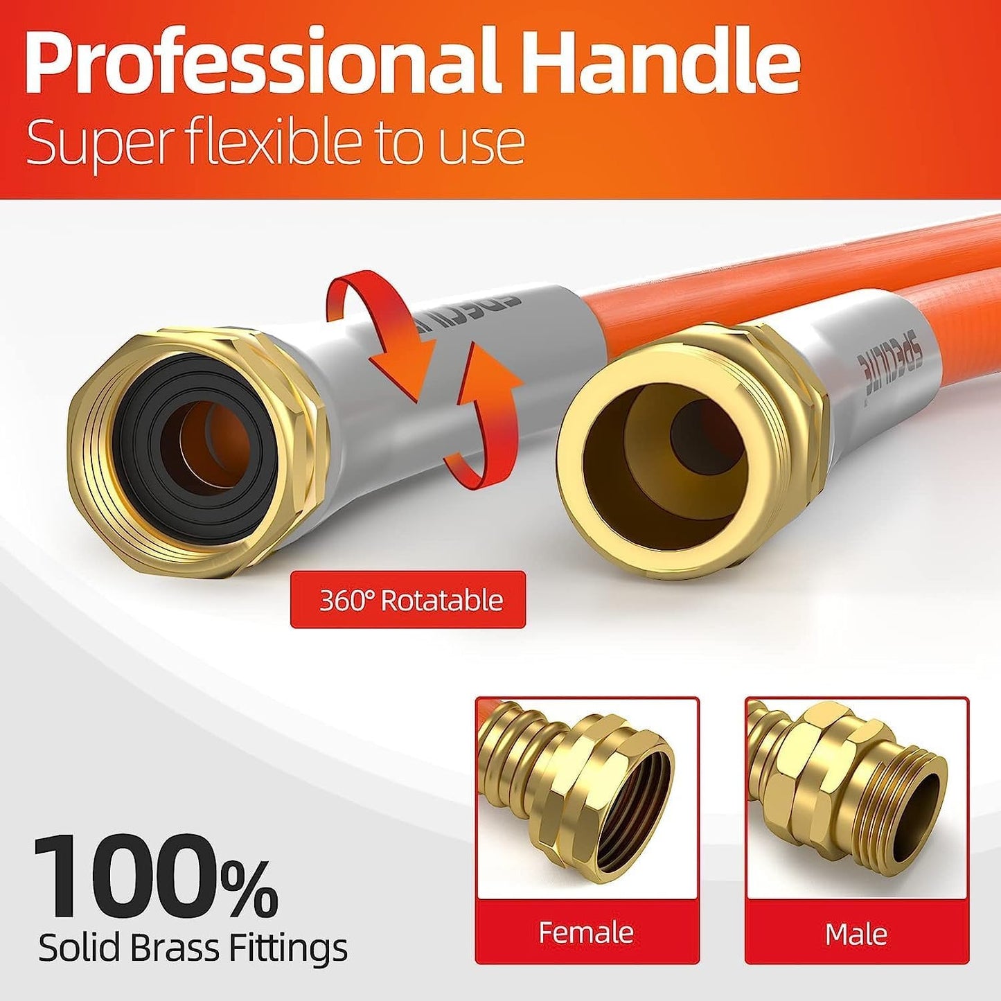 Garden Water Hose 5 ft x 5/8 in, Heavy Duty Leader Pipe Extension, Flexible, Lightweight Kink-less,Hybrid Rubber, with 3/4" Brass Fittings, Orange