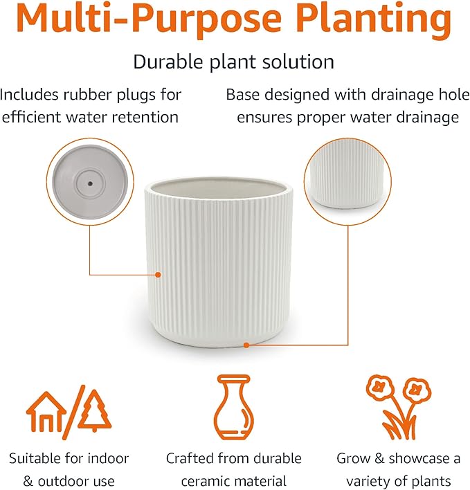 Amazon Basics Fluted Ceramic Round Planter, 8-Inch, White