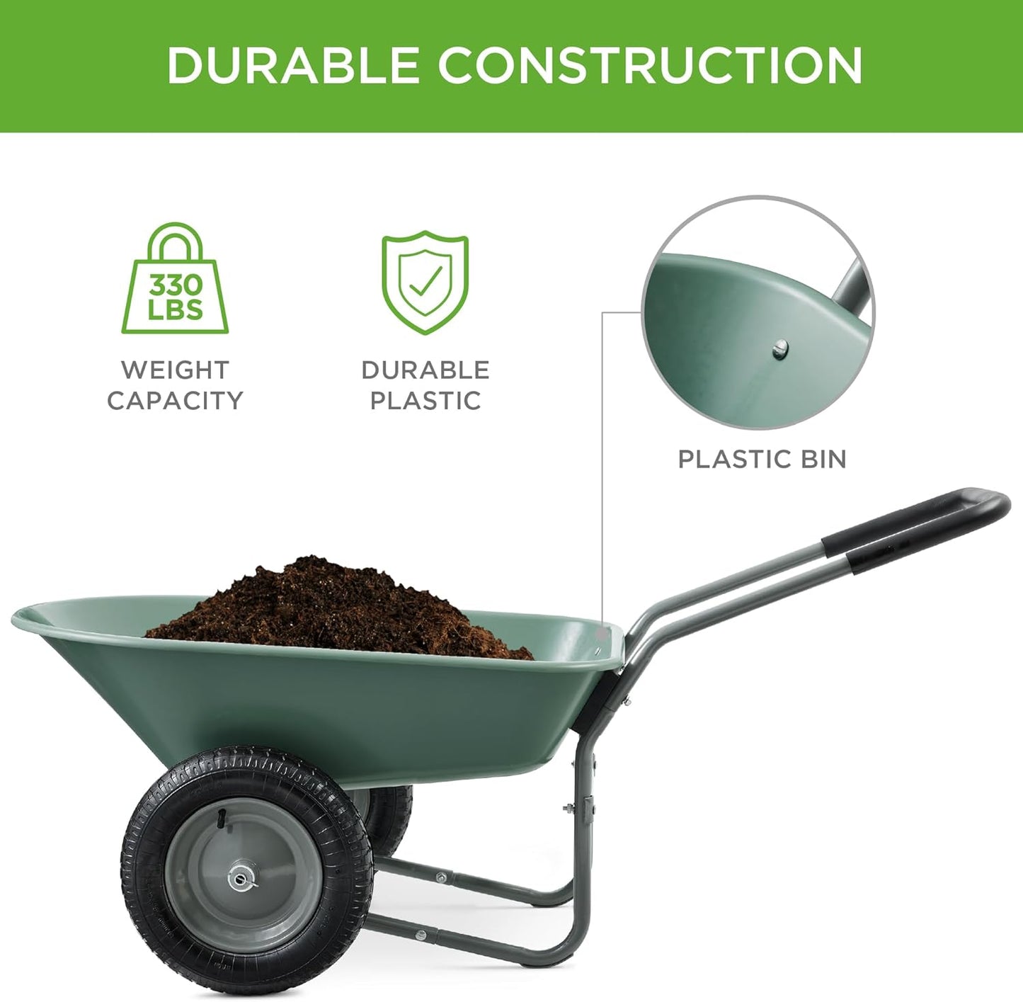 Best Choice Products Dual-Wheel Home Utility Yard Wheelbarrow Garden Cart w/Built-in Stand for Lawn, Gardening, Construction - Seafoam