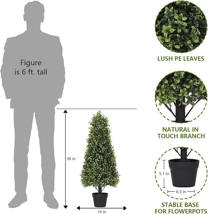 3ft Artificial Boxwood Topiary Trees (Set of 2) - UV Resistant Faux Plants Outdoor, Realistic 36in Fake Cone Bushes and Shrubs for Front Porch, Planter, Patio - Low Maintenance & Evergreen