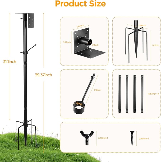 Bird House Pole Kit, Heavy-Duty Adjustable Pole for Outdoors with 5 Prongs Base,Metal Universal Support Pole for Bird Feeders,Solar Pannel,Black