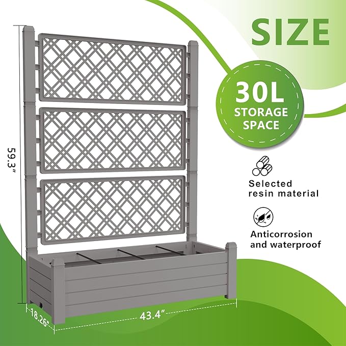 59.3in Planter Box Trellis, Large Outdoor Plastic Raised Garden Bed with Drain Plug for Climbing Plants(Gray,43.43 * 18.27 * 59.29)