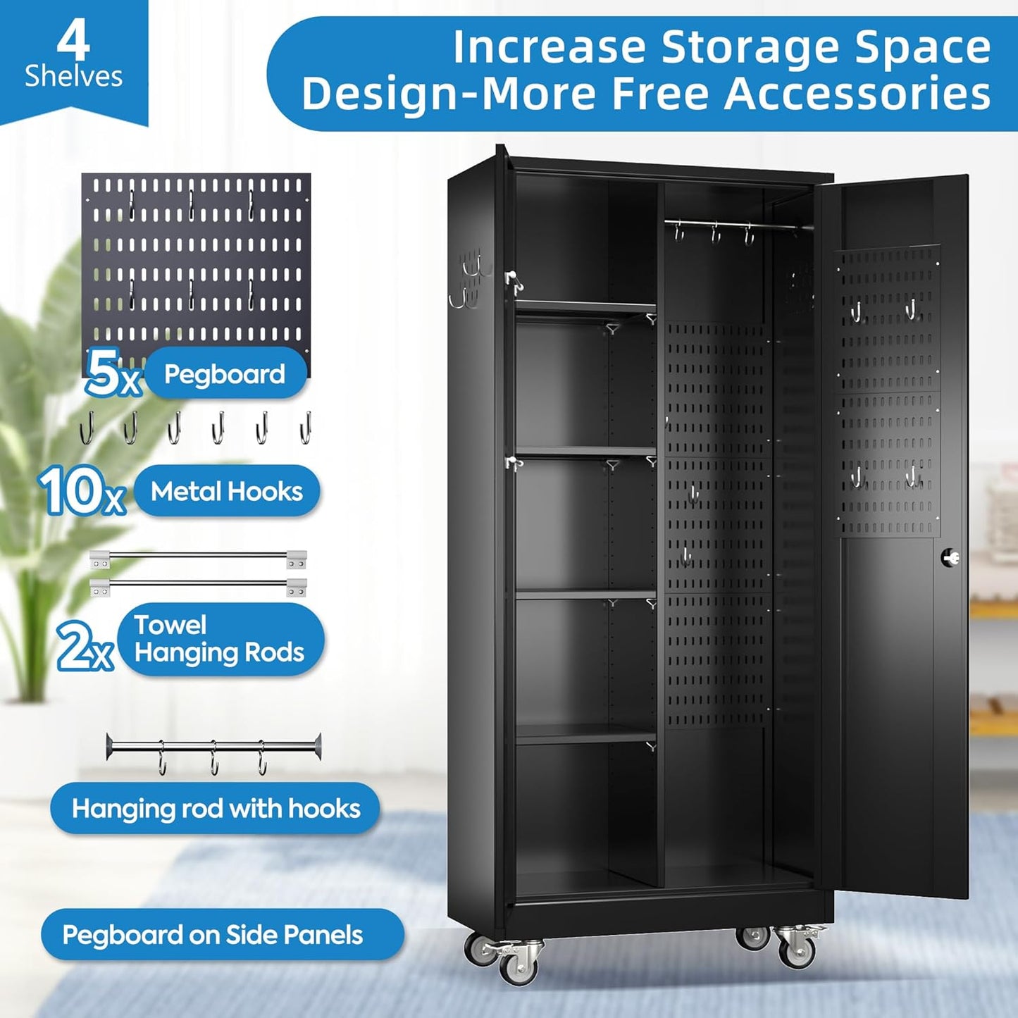 Garage Storage Cabinet with Wheels and 5 Pegboard, 71" H Metal Storage Cabinets with 2 Locking Doors and 4 Shelves, Broom Closet Storage Cabinet with Hanging Rod and 13 Hooks, Black