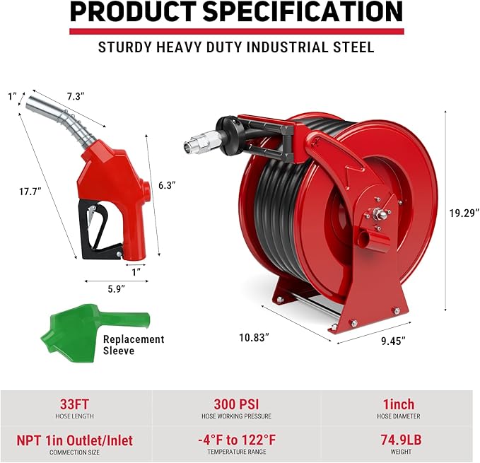 Fuel Hose Reel, 1" x 33' Retractable Diesel Fuel Heavy-duty Steel Construction with Refueling Nozzle, 300 PSI Diesel Reel Used for Aircraft Ship Vehicle Tanker Truck