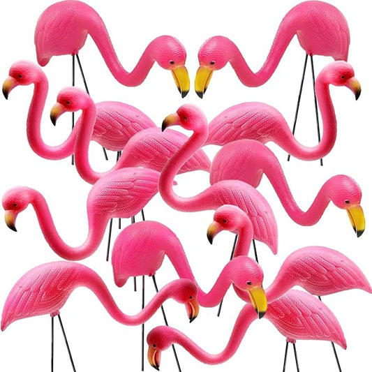 GiftExpress Pink Flamingos Yard Decorations - 12 Pack Small 14" Tall Plastic Flamingo Statue w/Metal Stakes - Lawn Ornaments & Garden Decor for Outdoor Parties