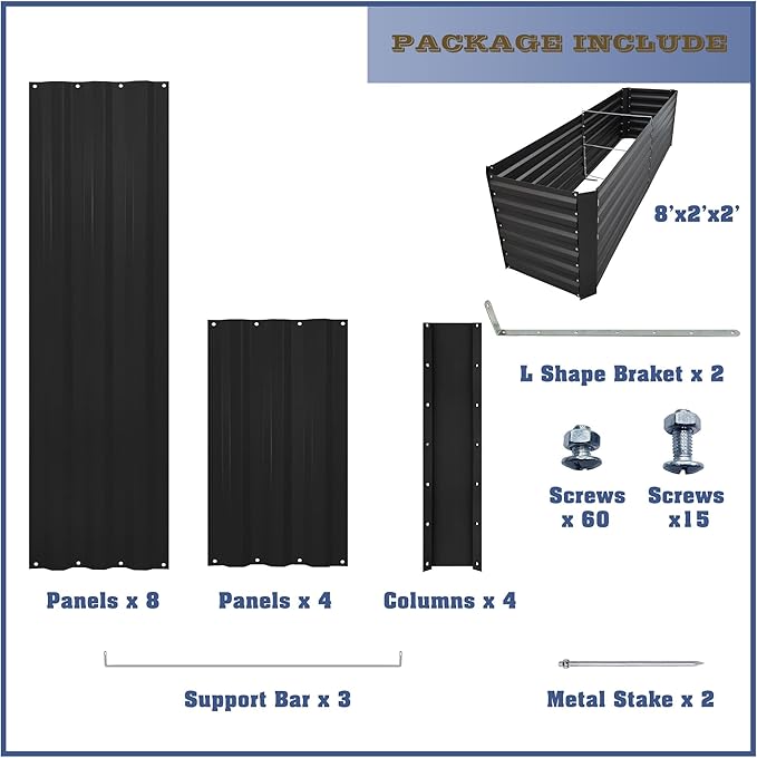 8x2x2FT Metal Raised Garden Bed Kit, Galvanized Outdoor Garden Bed Planter Box for Vegetables, Flowers, Herbs, Succulents and More, Black