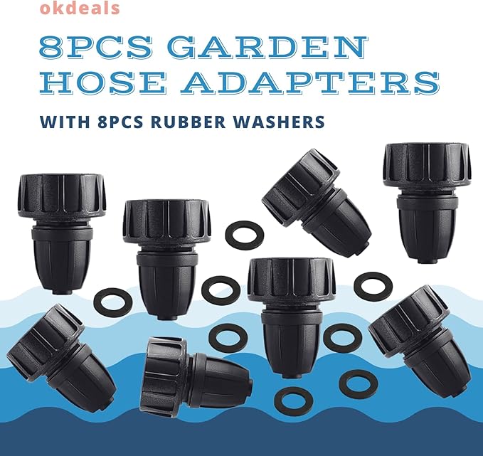 8pcs Garden Hose Adapter, 3/4'' Faucet Convert to 3/8'' Drip Irrigation Tubing, Drip Irrigation Hose Connectors for Outdoor Watering, Fittings with 8pcs Rubber Washers (1 Barb)