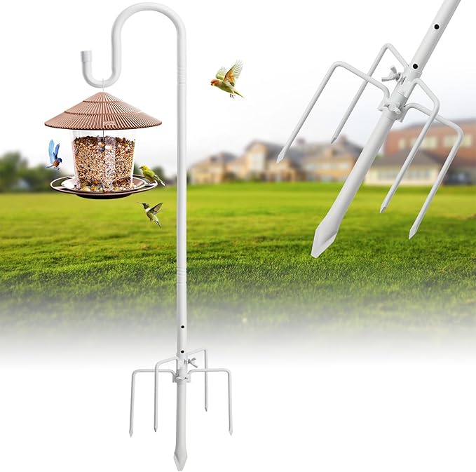 Bird Feeder Pole with Shepherds Hook - Heavy Duty Hummingbird Feeder Stand with 5 Prong,78" Adjustable Rustproof Garden Hooks Outdoor for Hanging Birdfeeder,Wind Chimes,Lanterns,Solar Lights,White