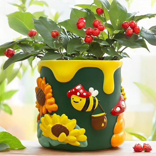 GUGUGO Colorful Bees and Sunflowers Plant Pots, Cute Unique Succulent Planters with Drainage, Rainbow Small Mushrooms Flower Planters Pots for Indoor Plants, Funny Eclectic Home Decor, Dark Green