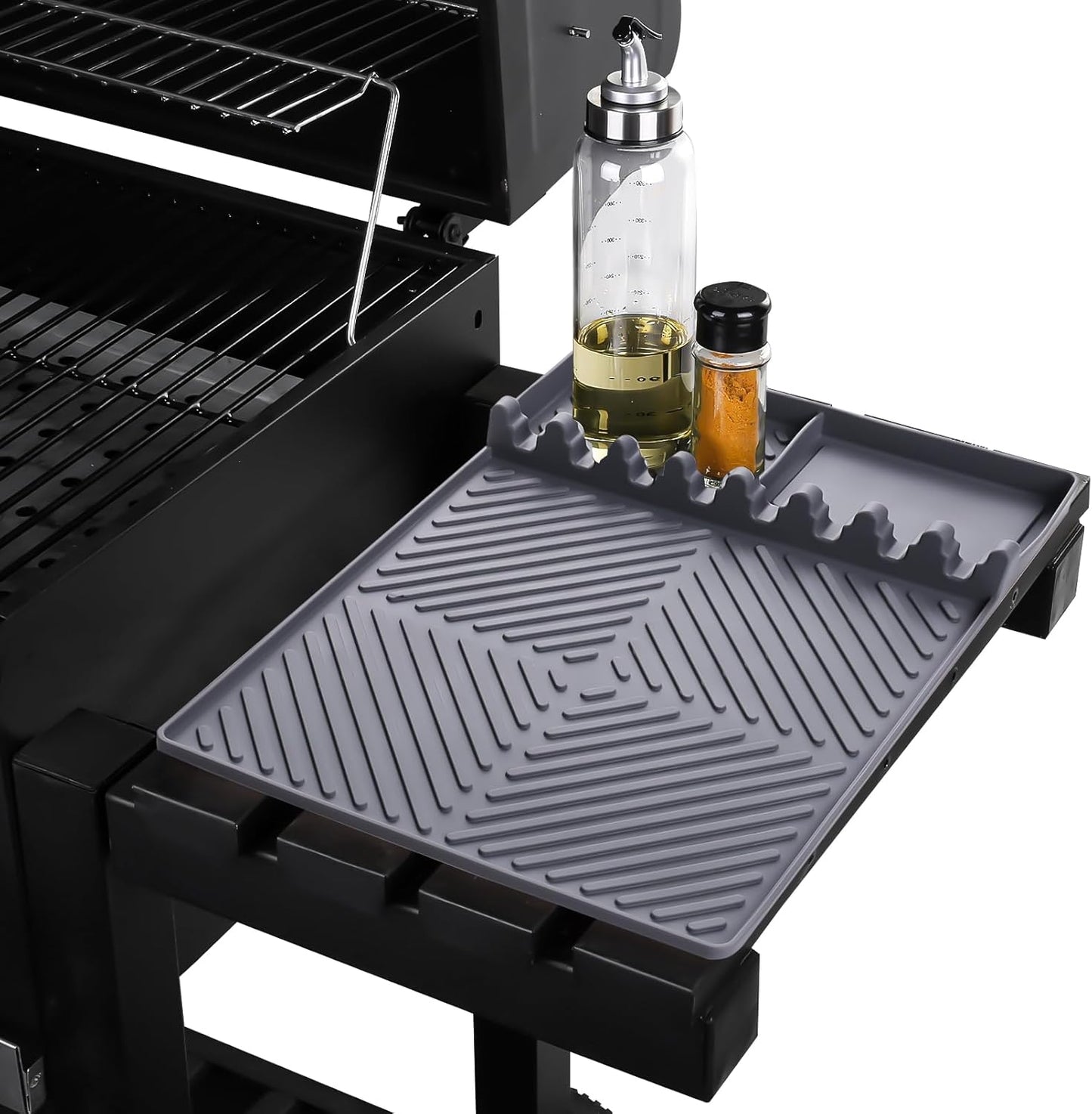 Griddle Mat Barbeque Grill Accessories Tools for Blackstone, Side Shelf Mat Grill Pad for Outdoor Grill Kitchen Counter Spatula Silicone Mat with Drip Pad for Kitchen, Cooking, Countertop (Grey)