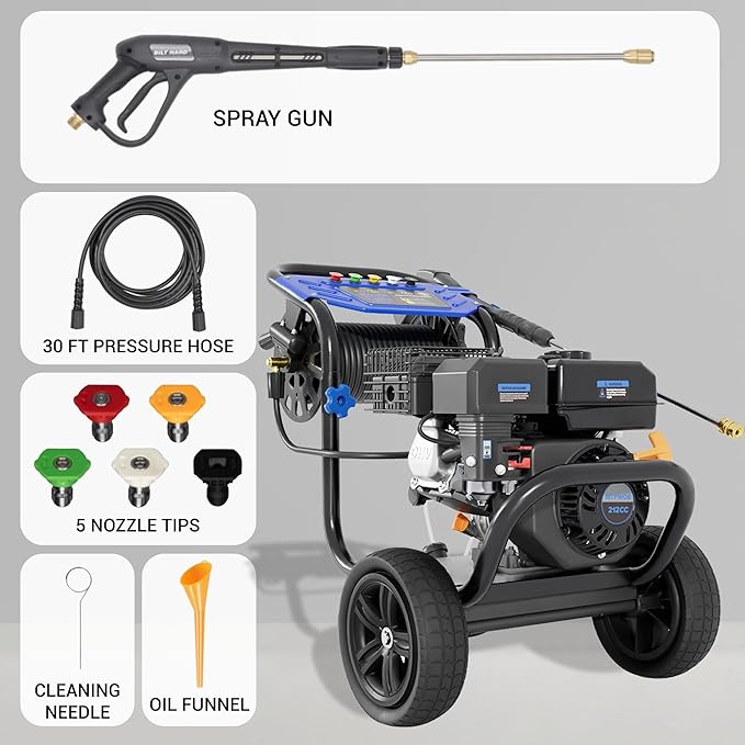 3600 PSI Gas Pressure Washer, 2.3 GPM Heavy-Duty Power Cleaner with 212CC Engine, 5 Quick-Connect Nozzles, 30FT Hose & Reel, Maintenance-Free Axial Cam Pump, for Commercial, Home Cleaning