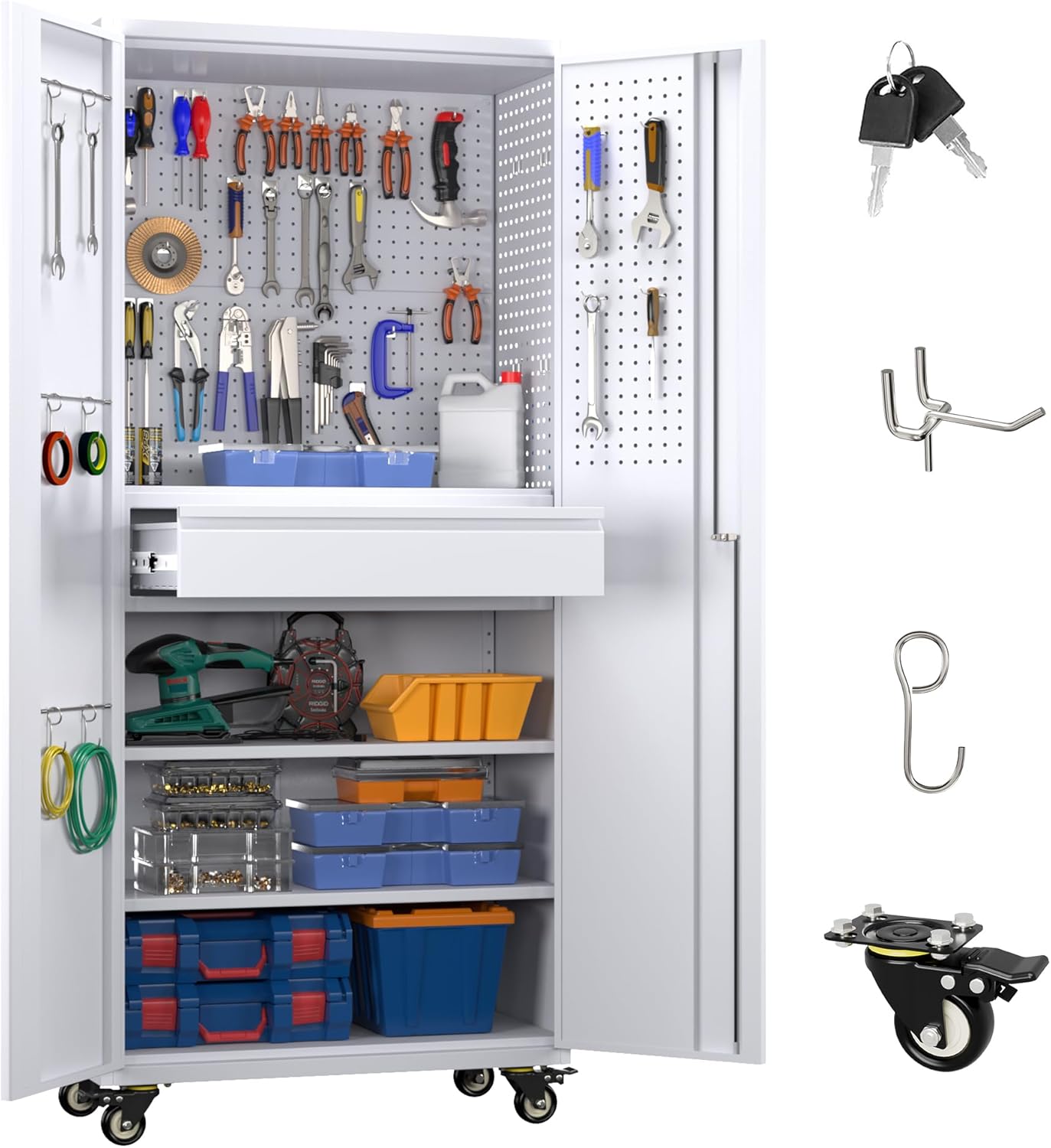 71" H Garage Storage Cabinet with Locking Doors and 2 Adjustable Shelves, Metal Tool Storage Cabinet with Wheels, Drawer, Pegboard and 16 Hooks for Garage, Warehouse, White