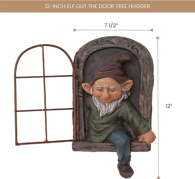 Bits and Pieces - 12-inch Elf Out The Door Tree Hugger - Yard Decorations - Whimsical Tree Sculpture - Garden Decoration - Garden Peeker Yard Art