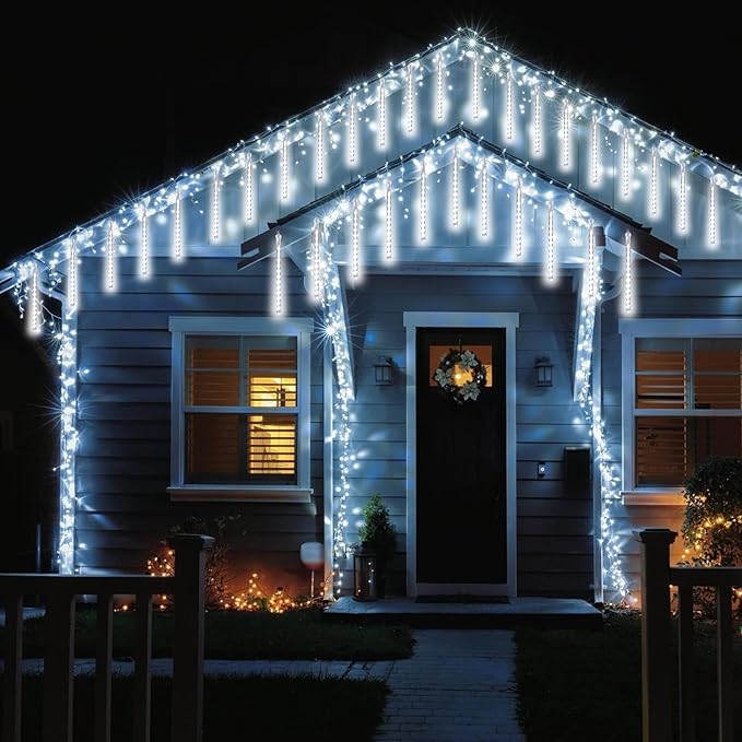 2-Pack Meteor Shower Christmas Lights Outdoor Decorations, Extendable Tree Lights Waterproof 16 Tubes 384 LEDs Falling Rain for Holiday Outside Decor Yard House Xmas Tree (Cool White)