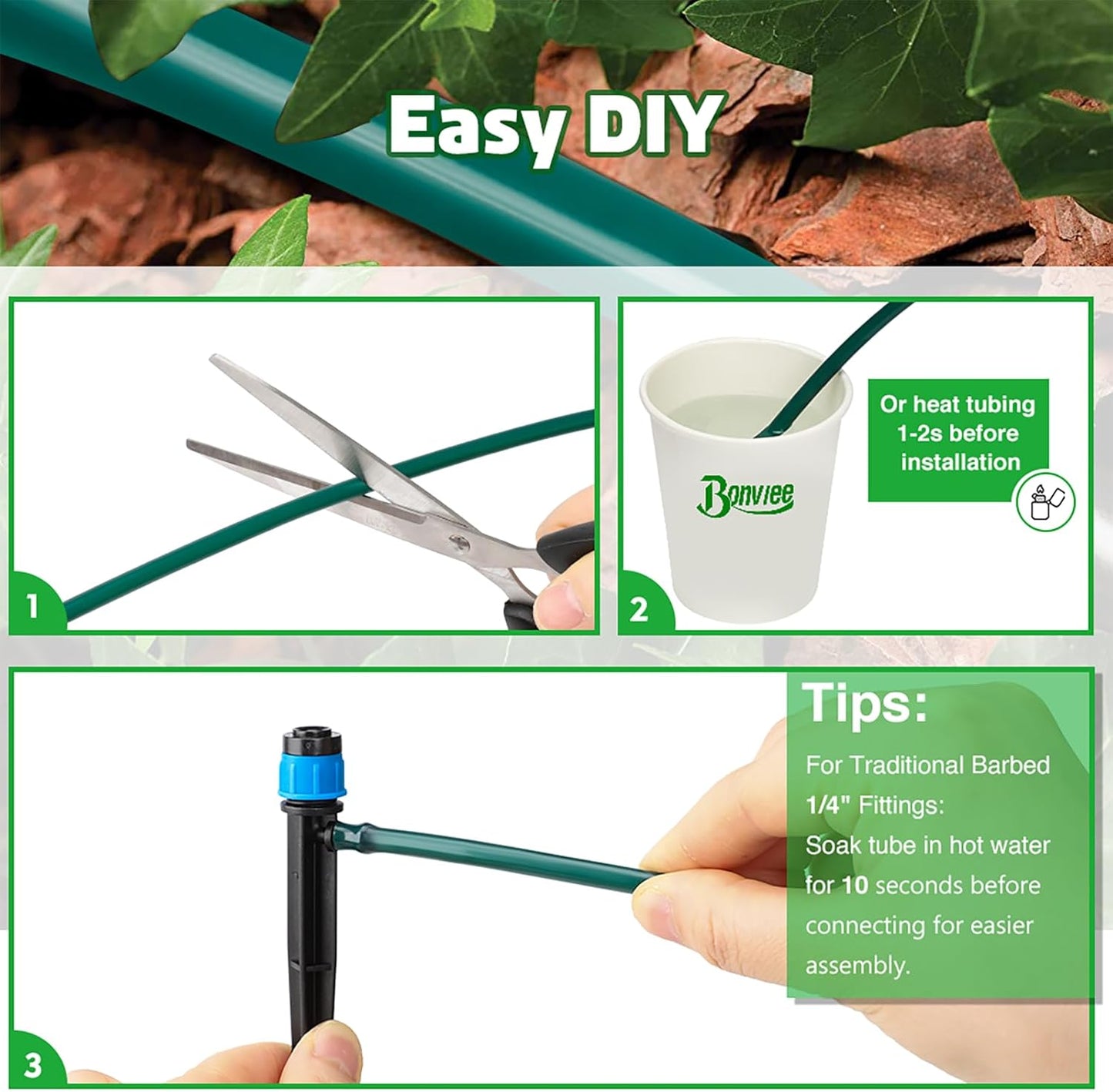 Bonviee 200ft 1/4 inch Drip Irrigation Tubing Blank Distribution Tubing Drip Irrigation Hose Garden Watering Tube Line for Garden Irrigation System-Green