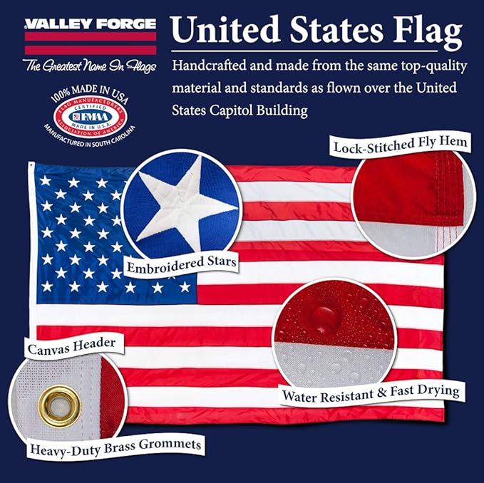 American Flag - 100% Made in the USA - 5' x 8' ft – Perma-Nyl Sewn Nylon with Grommets - Sturdy, Durable, and Patriotic - Great For Gardens, Homes, Patios and Cars - By Valley Forge Flag