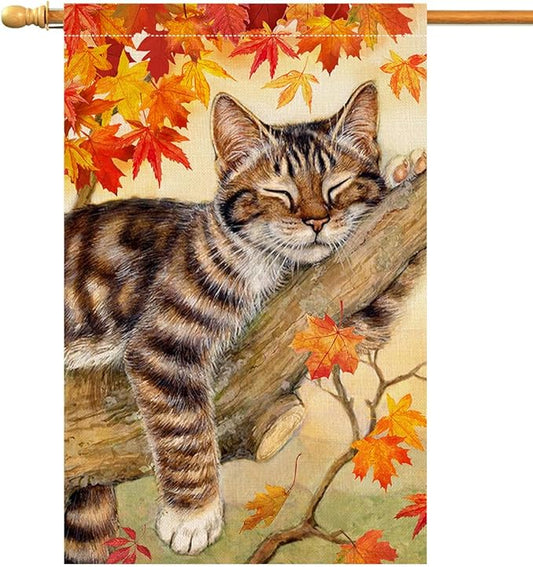 BLKWHT Fall Cat House Flag 28 x 40 Vertical Double Sided Autumn Leaves Thanksgiving Holiday Outside Decorations Burlap Yard Flag BW699-40