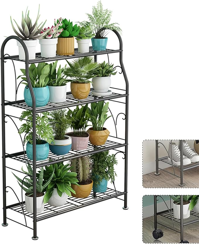 4 Tier Metal Plant Stand with wheels rack, Heavy Duty Metal Plant Shelf for Indoor/Outdoor Living Room, Balcony, Garden, Black