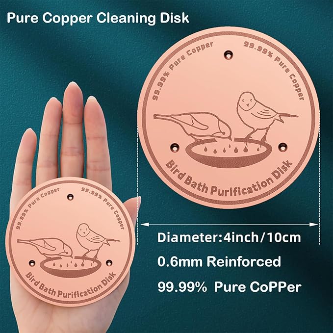 2-Pack 99.99% Pure Copper Bird Bath Purification Disk,Copper Disc with Stable Triple-Point Support,Fits All Outdoor Bird Baths(Heart-Shaped&Round)