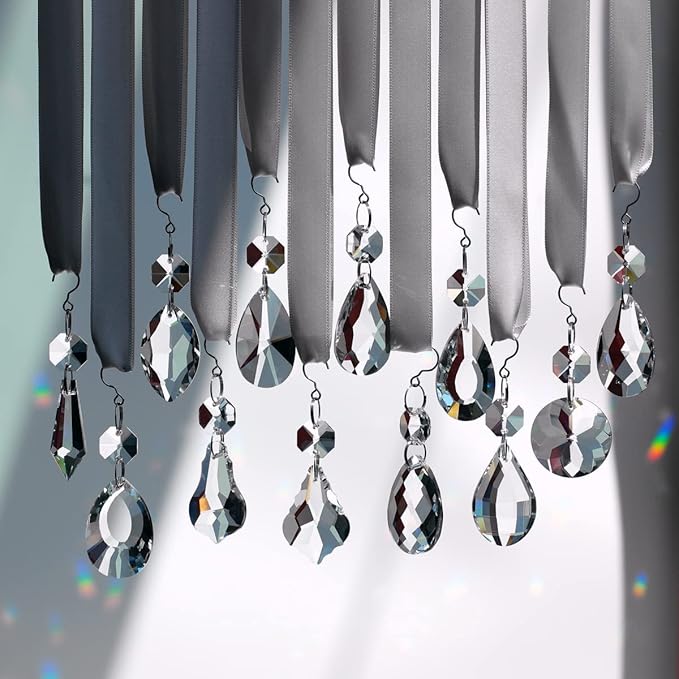 12pcs Glass Crystal Chandelier Prisms, Rainbow Hanging Crystals Suncatcher for Windows, Home Decoration