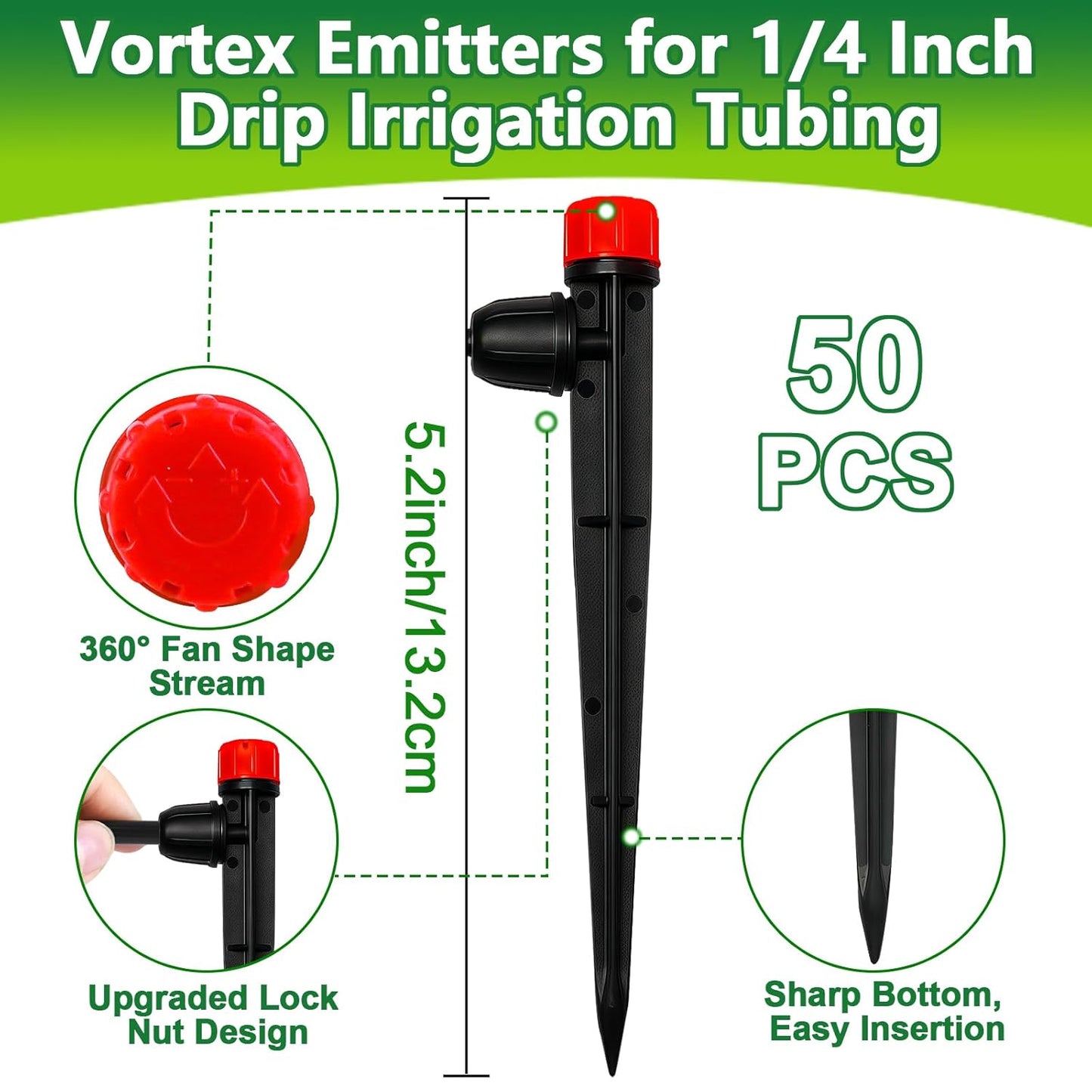 50 Pieces Drip Irrigation Emitters, Adjustable 360 Degree Drip Stream Emitters on 5" with Stake for 1/4" Drip Irrigation Tubing Irrigation 8 Hole Stream Drippers for Garden Watering System