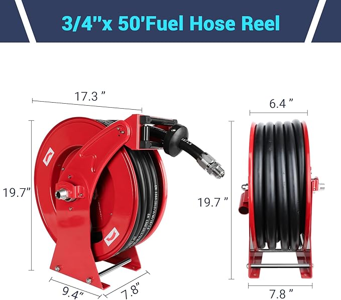 Fuel Hose Reel, 3/4" x 50FT Retractable Diesel Hose Reel, 300 PSI Industrial Heavy Duty Auto Swivel Rewind Hose Holder Reels, for Vehicle Tank Truck Trailer Ship