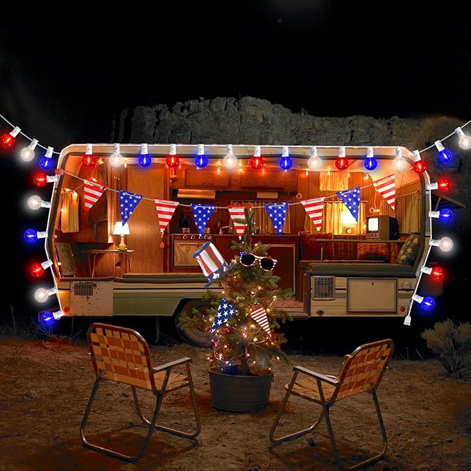 G40 LED Red White and Blue Lights, 27.8 FT 4th of July Lights Plug in with 25+3 Bulbs, Patriotic Decorations Outdoor String Light for Memorial Day Independence Day Patio Garden Backyard Bistro Decor