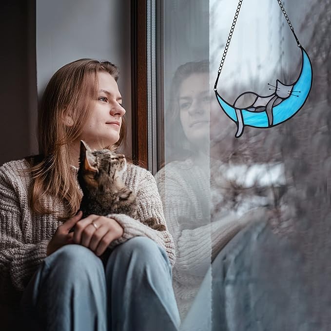 BOXCASA Sleeping Cat Stained Glass Windown Hanging,Grey Cat on Moon Beautiful Handcrafted Sun Catcher Gifts for Daughter,Mothers Day,Christmas and Cat Lover