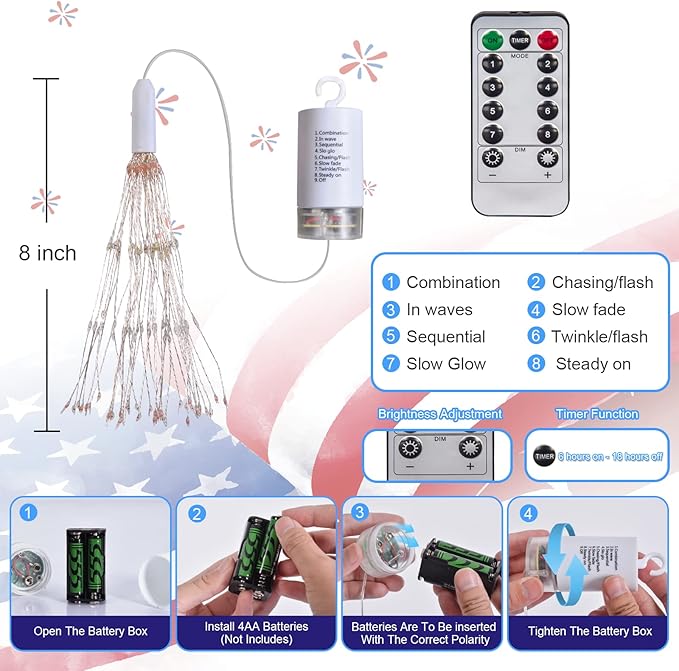 3 Pack 4th of July Lights Decorations 480 LED Remote&Time 8 Light Mode Red White and Blue Firework Lights Battery Operated, American Flag Patriotic Memorial Day Independence Day Outdoor Decor