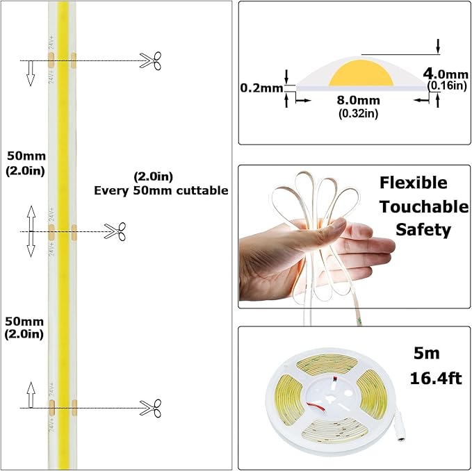 24V COB LED Strip Light Cool White 6000K 5M/16.4ft 2400LEDs Waterproof IP65 Uniform Glow CRI 93+ Flexible LED Tape Lights for DIY Cabinet Bedroom Kitchen Home Decor(No Power Supply)