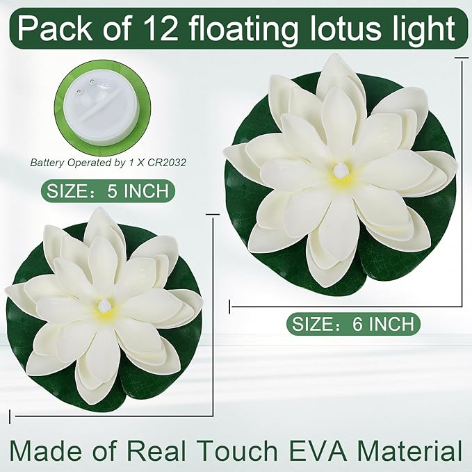 12 PCS Diwali Waterproof Floating Lotus Light - Floating Flower Light Battery Operated Water Activated Warm White Pool Flower Lamp Wedding,Anniversary,Garden Decoration(6Inch & 5Inch)