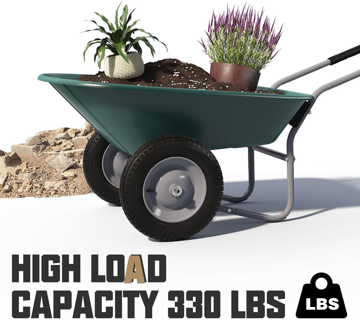 ARNOT Enlarged Dual-Wheel Wheelbarrow, Easy Loading and Dumping Garden Cart, Heavy Duty Utility Dump Cart for Lawn, Yard, Farm, Gardening & Planting, Green