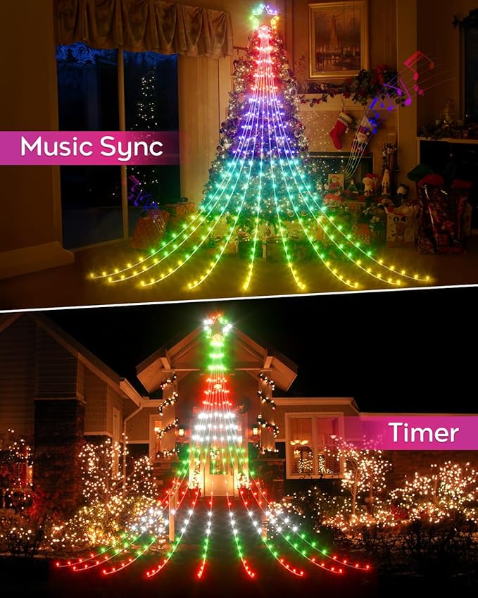 16.5FT Outdoor Christmas Decorations Tree Lights for Yard, Dynamic Star String Lights Waterfall App Control Color Changing Music Timer, Christams Lights Plug in 245 LEDs for Outside Xmas Home Decor