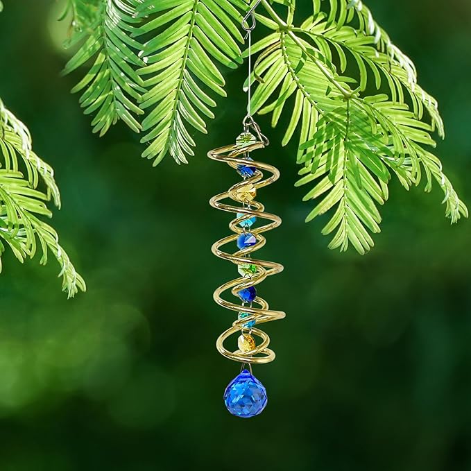 FONMY Gazing Ball Spiral Tail -Decorative Wind Spinner Sun Catcher Rainbow Maker Golden Double-Spiral W/Sea Blue Crystal Ball and Chain Crystals Beads for Indoor Outdoor Garden Decoration -14 inch H