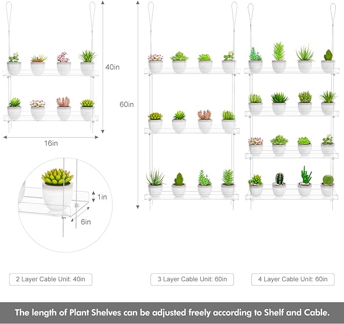 4-TierClear Plant Shelves, Height Adjustable Hanging Acrylic Indoor Wall Hanging Plant Stand Flower Display, Flower Pot Organizer Storage for Window Grow Herbs, Microgreens, Succulents, 16 Inch