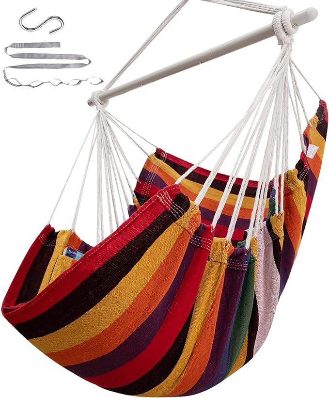 ADVOKAIR Hammock Chair Swing (500 lbs Max) - Hanging Hammock Chair Rope Swing Indoor for Bedroom, Outdoor, Patio, Bedroom, Porch, Deck - Sturdy Steel Bar with Anti-Slip Safety Rings