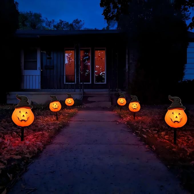 Halloween Decorations Wizard Hat Pumpkin Outdoor String Lights, 4 Pack Halloween Pumpkin Hat Pathway Marker Stake Lights with 4 C7 LED Bulbs for Outdoor Halloween Party Garden Garden Lawn Walkway