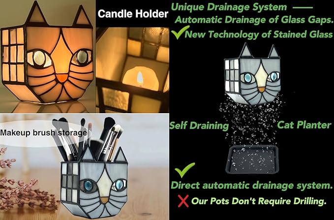 Gray Cat Glass Planter, Cat Plant Pots Indoor, Unique Small Gray Cat Planter, Glass Gap Automatic Drainage System and Base Saucer, Window Sill Cat Decoration Gift,4.6x5.15x2.3IN (Gray)