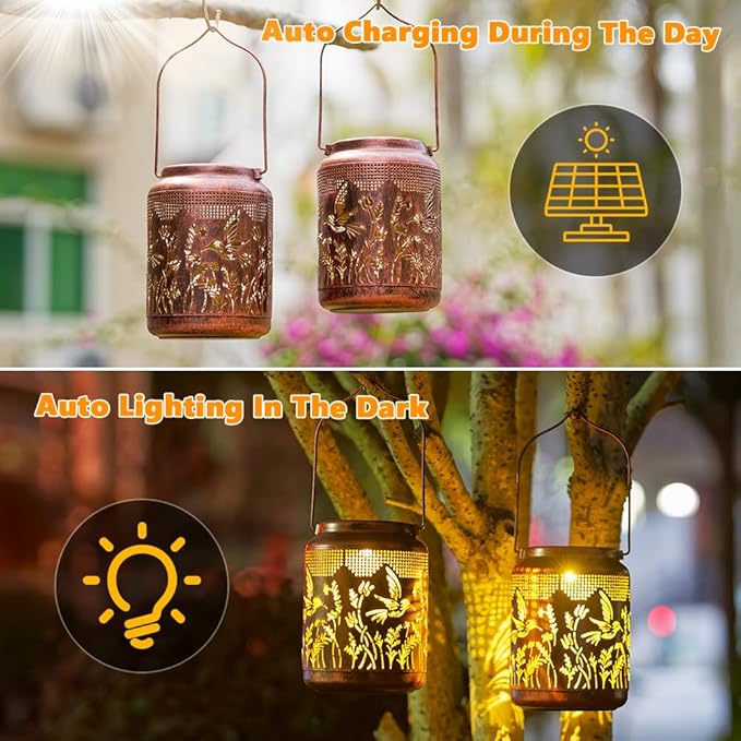 2 Pack Hummingbird Solar Lanterns Outdoor Waterproof LED 6.9" Metal Hanging Solar Lights Outdoor Hummingbird Decorative Lanterns for Patio,Garden,Pathway,Lawn Yard Birthday Gifts for Women Mom