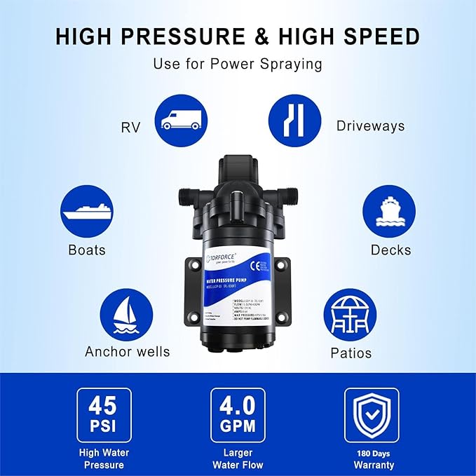 12 volt RV Water Pump Water Pressure Booster Pump for Garden Hose Self Priming Water Pump 50psi 4gpm On Demand Water Pump for Kitchen Bathroom, Garden, Marine, Boats and Irrgration
