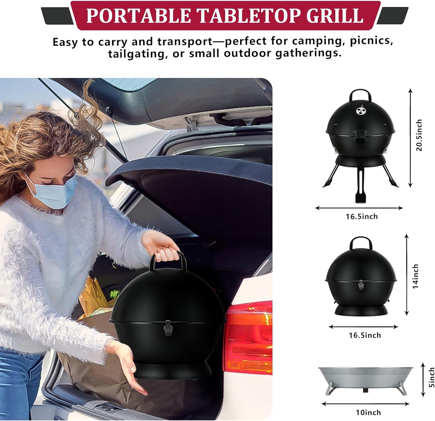 14inch Portable Charcoal Grill with Warming Rack, Small bbq Charcoal Grill Tabletop Foldable Grills for Backyard, Camping, Black