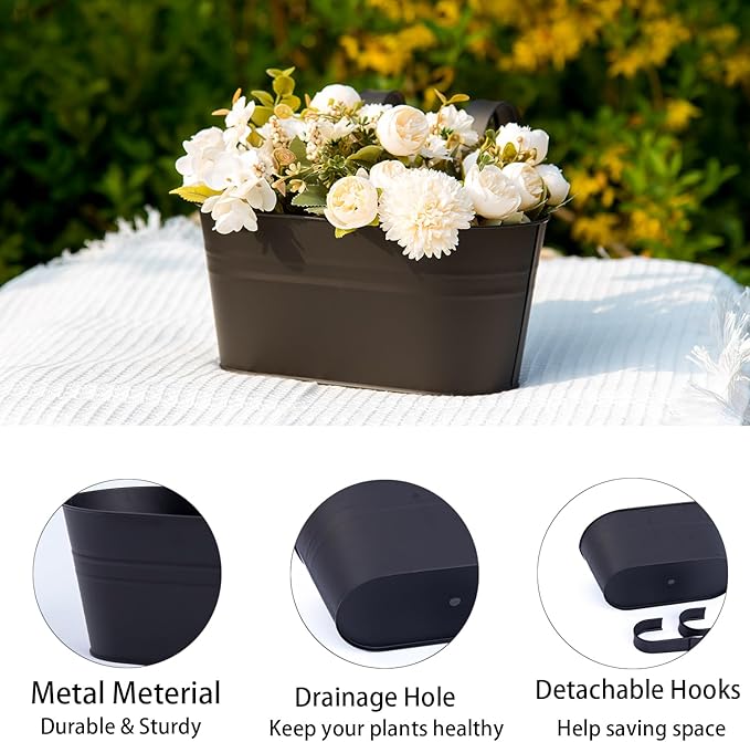 3 Pack Metal Hanging Flower Pots for Railing Fence，Outdoor Balcony Rail Planter with Detachable Hooks Drainage Holes for Deck Garden Home Decor Black