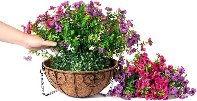 Artificial Faux Hanging Plants Flowers Basket for Spring Summer Outdoor Outside Decoration, Fake Silk Colorful Daisy Eucalyptus in Planter UV Resistant Realistic for Porch Patio Balcony Yard
