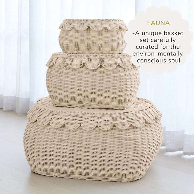 BEBE BASK Large Scalloped Basket Set Of 3 - Hand-Woven & Award-Winning Scallop Basket - XL - Extra Large for Blankets 22 x 16 x 10 In - Elegant Wicker With Scalloped Edge Lid (Natural)