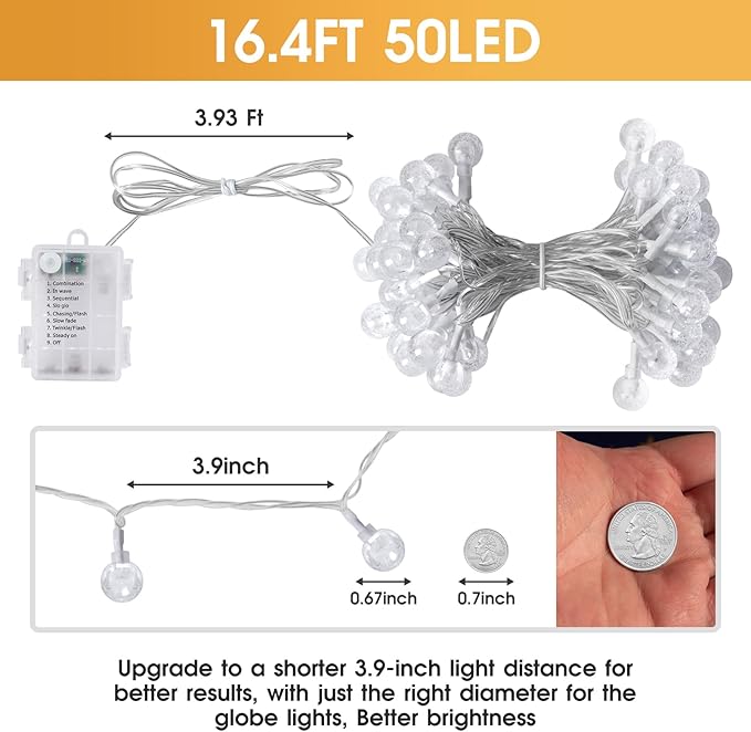 16.4ft 50LED Globe String Lights Indoor Bedroom Battery Operated, Crystal Fairy Lights IP44 Waterproof Outdoor Hanging Decorative Lights for Home Tent Patio Garden Party Wedding Decor
