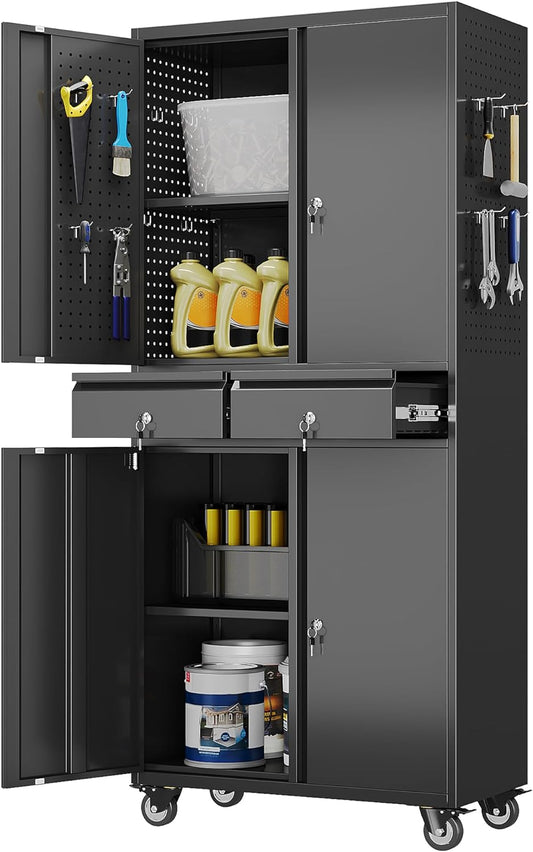 Aobabo Metal Storage Cabinet with Wheels and 2 Locking Drawers, Steel Rolling Tool Cabinet with 8 Hooks and 2 Adjustable Shelves for Garage, Home, Office, Kitchen, Assembly Required, Black