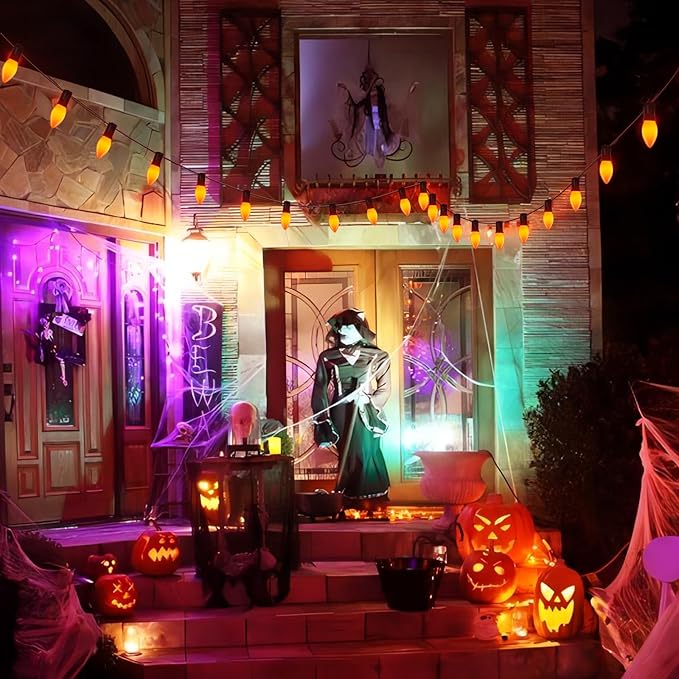 25FT LED Halloween Outdoor String Lights with 26 C9 Candle Shape Shatterproof Plastic Bulbs,2700K Waterproof Connectable Orange LED String Lights for Home Garden Halloween Christmas Fall Decor
