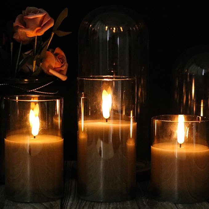 Glass Flameless Candles with Remote Timer,LED Candles Flickering Battery Operated with 3D Wick,Candle Holders Table Centerpiece Decoration for Home Wedding Birthday Festival(Grey)
