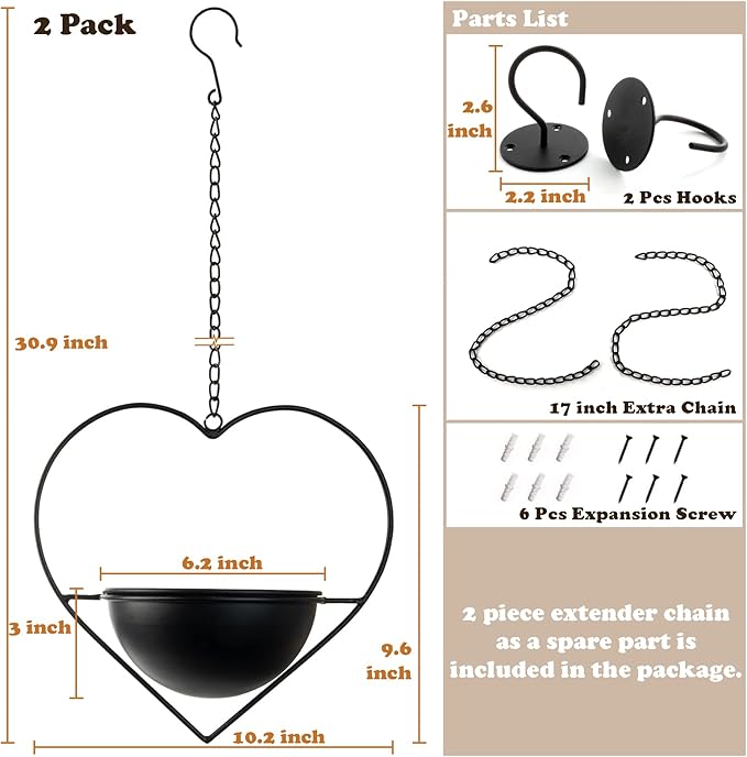 Hajia 2 Pack Heart Shaped Boho Hanging Plant Holder with 6inch Detachable Pot, Black Metal Wall Ceiling Plant Hanger for Indoor Outdoor, Minimalist Small Hanging Planter for Home Wedding Decor