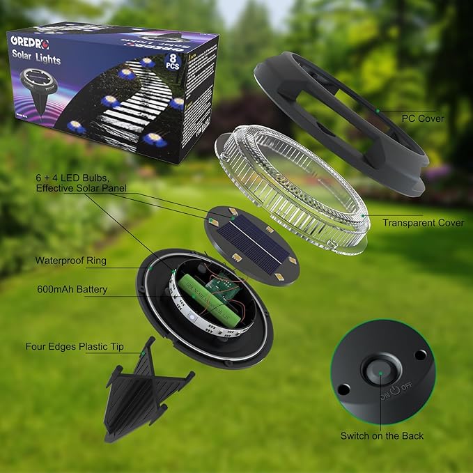 GREPRO Solar Ground Light, 12 Packs 10 LED Solar Outdoor Lights Waterproof for Outdoor Garden Light Solar IP65 Waterproof Warm White Garden Lights Solar for Lawn/Driveway/Walkway/Patio, Black